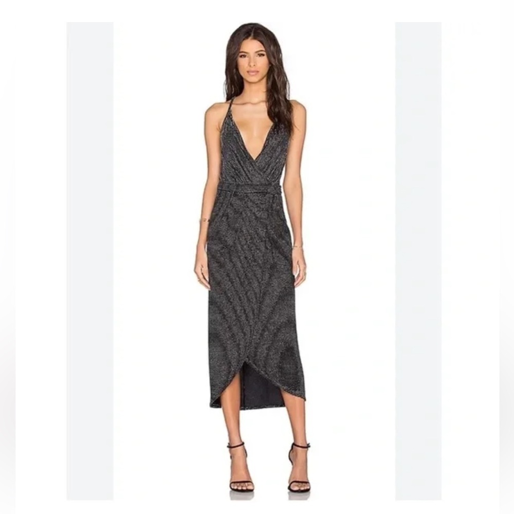 Bec + Bridge Dress Magic Night Wrap Midi in Jersey Black Silver Glitter